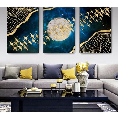 Night Sky Golden Moon and Bird European Abstract High-end Canvas Poster Wall Art Print Painting Landscape Picture Home Decor