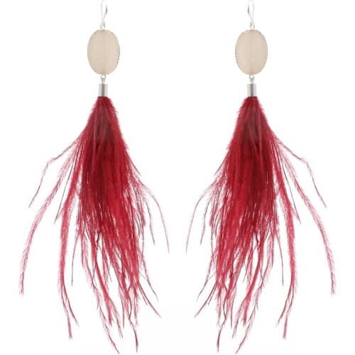 Badu Metal Stone Dangle Earrings for Women Long Ostrich Feather Drop Earring Fashion Jewelry 2020 Wholesale Dropshiping