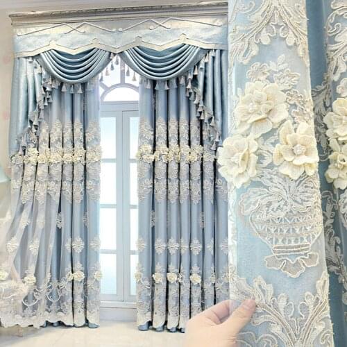 Luxury Elegant 4D Embossed Floral Curtains for Living Room Bedroom European Embroidered With Beads Tulle Curtain Custom Valance4