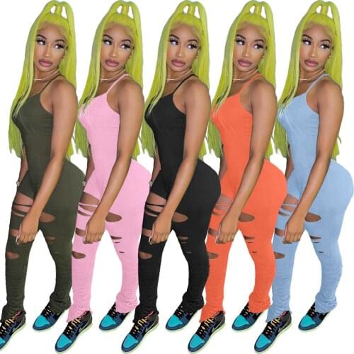 ZH8551 Wholesale Items Spring Solid Color Sleeveless Jumpsuit Hollow Out Ruffles Bodycon New Bodysuit Jumpsuits