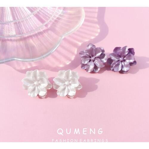 QUMENG Vintage Flower Earrings Women Acrylic Big White Purple Flower Holiday stud Earrings 2020 New Design sweet Resin Flower
