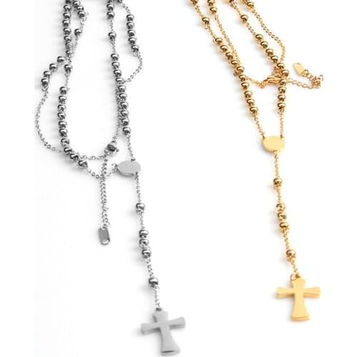 Stainless steel women jewelry beads cross necklaces long cross pendant necklaces fashion female charm chain wholesale jewelry