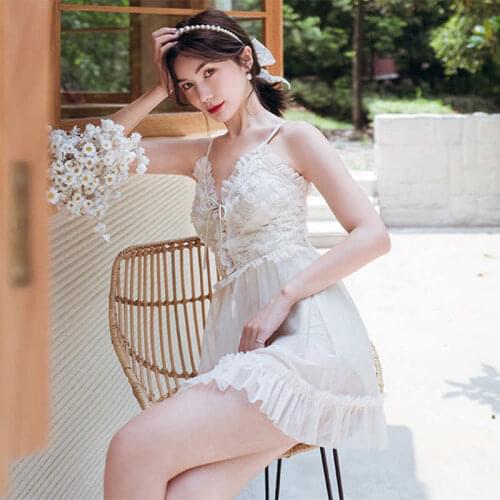 2021 New Sexy Fashion Korean Sling Lace Petal Embroidered Frilled Edge Decoration Low-Cut Cross Bam Fairy Hot Spring Swimsuit