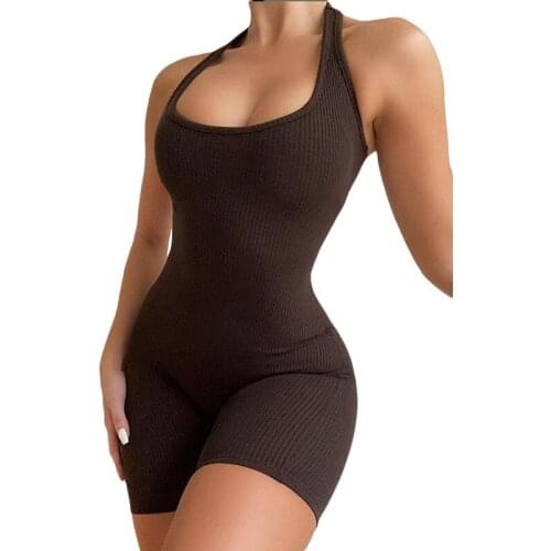 Fdbro Female Sports Suit Yoga Clothes Solid Color Sexy Halter Backless Short Jumpsuit Movement Leisure Tight-Fitting Fitness