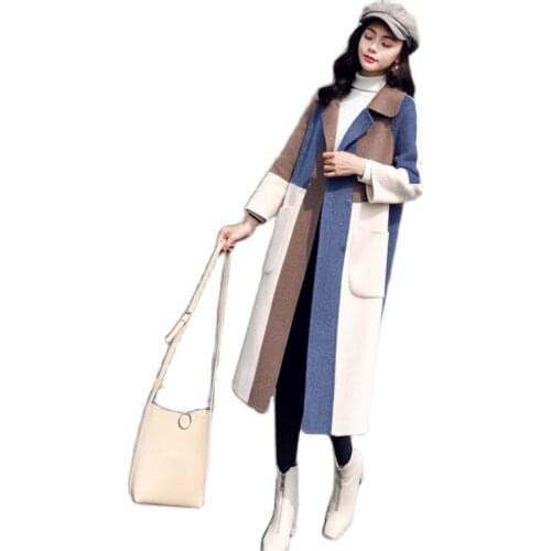 New Elegant Autumn Winter Women Thick Loose Coat Pop Korean Color Scheme Coats Mid-length Quilted Woolen Overcoat Female G230