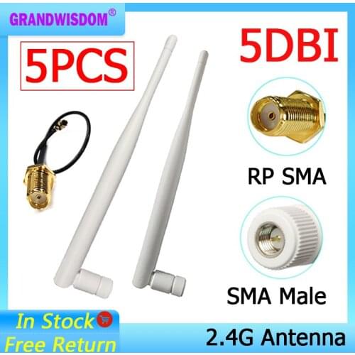5pcs 2.4Ghz antenna Wifi 5dbi SMA connector white 2.4 ghz antena Omni-Directional Router Antenna +21cm RP-SMA Male Pigtail Cable