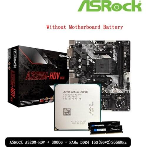 AMD Athlon 3000G CPU + ASROCK A320M HDV R4.0 Motherboard + Pumeitou DDR4 16G(8G*2) 2666 MHz RAMs Suit Socket AM4 All new