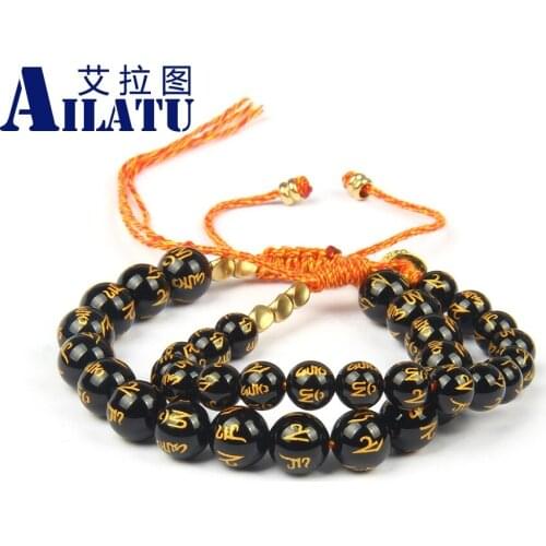 Ailatu Stone Carved OM Mani Padme Hum Beaded Bracelet With Tibetan Totem Buddhism Hand Braided Cotton thread Lucky Knots Jewelry