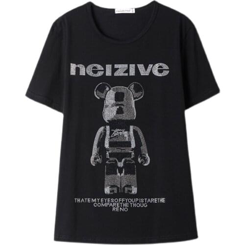 Letters Cartoon Pattern Hot Diamonds Short-Sleeved T-Shirt Women 2021 New Korean Style Loose Plus Size Casual Tops Female TX195