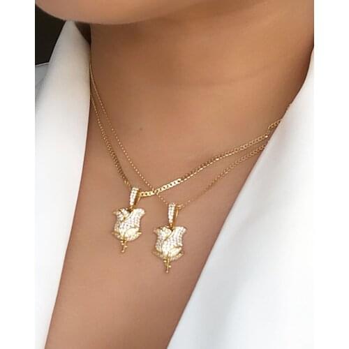 High quality micro pave cubic zirconia cz rose flower pendant 4.5mm Figaro chain necklace for women