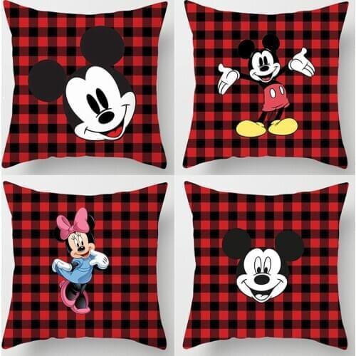 Disney Mickey Minnie Pillow pillowcase Red plaid pillow case Sofa car pillowcase Christmas gift home Atmosphere decorations