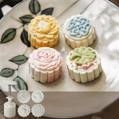 Lotus Leaf Round Moon Cake Molds 50g Hand-Pressure 4 Stamps Chinese Traditional Mooncake Molds for Mid-Autumn DIY Pastry