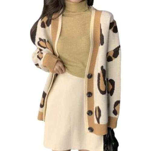 Autumn Women Sweater Loose V Neck Button Leopard Knitted Cardigan Solid Color Korean Fashion Cardigans Coat 3 Colors