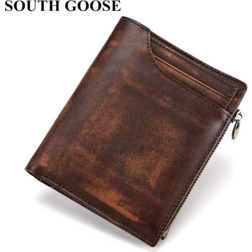 SOUTH GOOSE Hot Genuine Leather Men Wallets Vintage Short Wallet Zipper Coin Pocket Purse Male Business Cowhide Leather Wallet