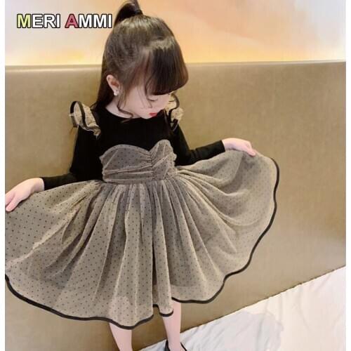 MERI AMMI Children Girl Clothing Dots Long Sleeve Floral Dress TuTu Dress For 1-7 Year Girl