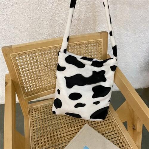 Fashion Plush Cow Milk Pattern Messenger Bags Women Autumn Winter Shoulder Crossbody Handbags Fashion Big Capacity Satchel Pouch