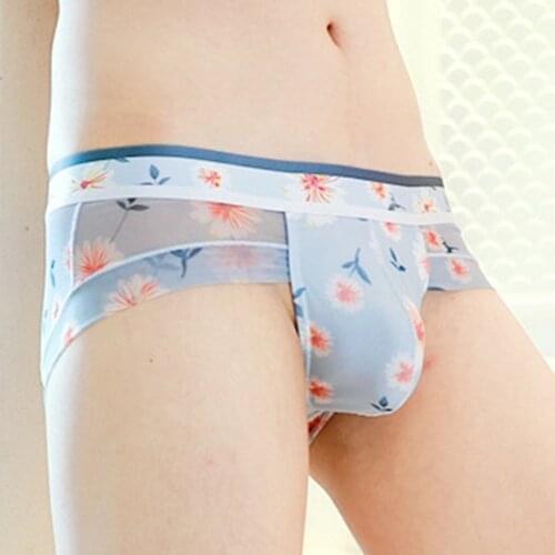 Men Sexy See Through Sheer Flowers Briefs Bulge Pouch Underwear Low-Waist Ultra-Thin Penis Thongs Bikini Sissy Panties Erotic