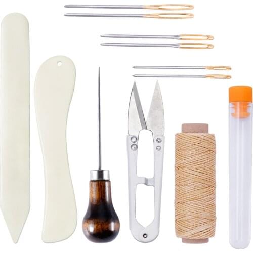 Nonvor Leather Craft Bookbinding Kit Starter Tools, Awl Tool Bone Folder Creaser Waxed Thread, Leather Sewing Needles Scissors