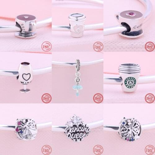 New Original 925 Silver Dancing Queen Wine Coffee Cup Beads Fit Pandora Charms Silver 925 Bracelet Accessories Women DIY Jewelry