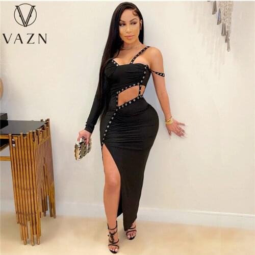 VAZN New 2021 Solid One Shoulder Beach Maxi Sexy Regular Full Sleeve Dress Women Elegant Fashion Dress Slim Dress