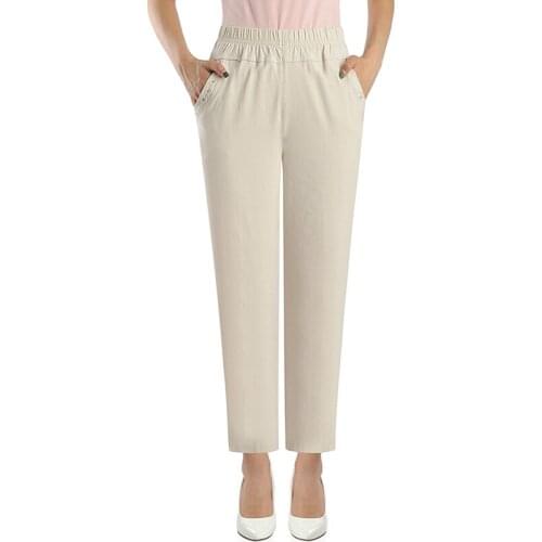 Mom Casual Pants Middle-Aged Women Pants Spring Summer Elastic Waist Cotton Stretch Straight-Leg Pants High-Waist Pants Woman