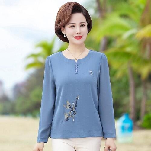 Embroidery T-Shirts For Middle Age Women Long Sleeve Pullover Spring Fall Bottom Shirt Mother 5XL Plus Size Casual Tee Tops