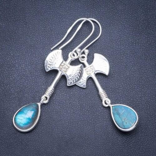 Natural Blue Fire Labradorite Handmade Unique 925 Sterling Silver Earrings 2" A0892