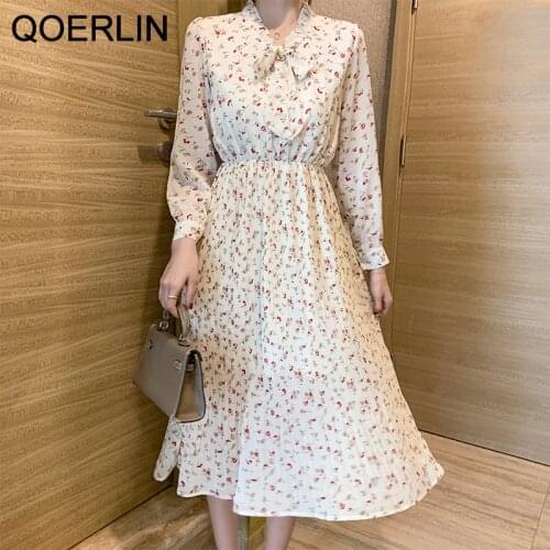 QOERLIN Mid-Length Puff Sleeve Bowknot Pleated Floral Long Sleeve Chiffon Dress Chic Elastic Waist Black Dresses with Liner 2XL