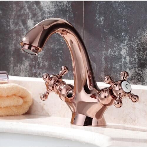 Rose gold Brass Bathroom Sink Faucet dual handle Deck Mounted copper Lavatory Faucet Cold and hot water Mixer Tap