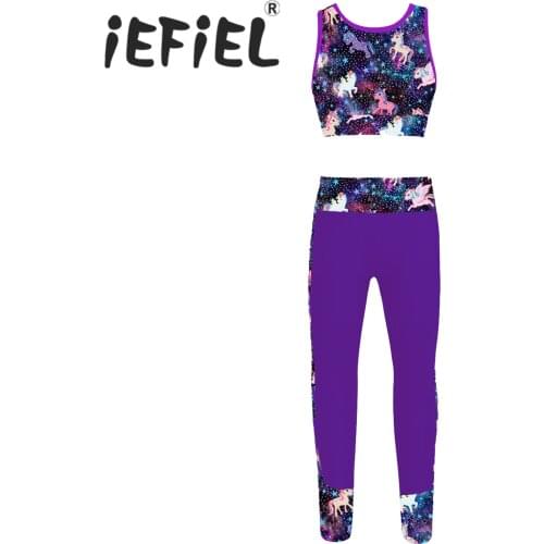 Kids Girls Sportswear Suits Gymastics Workout Outfits Mesh Racer Back Tanks Crop Top with Leggings for Ballet Dancewear Sets