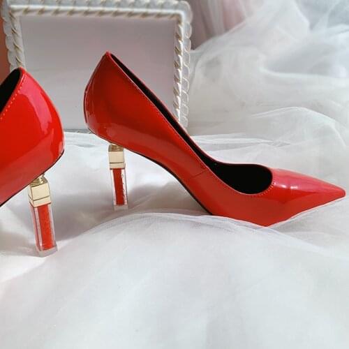 Lovely Lipstick Thin Heel Shoes Woman Patent Leather Thin High Heel Dress Shoes Point Toe Spring Slip On Pumps Ladies