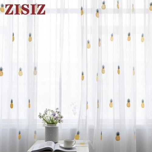 ZISIZ Embroidered Tulle Curtains for Bedroom Living Room Pineapple Sheer Childrens Room Kids Window Decoration Treatments