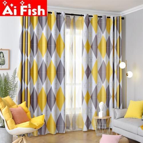 Grey/Yellow Diamond Printed Curtain Simple Nordic Style Living Room Bedroom Warm Wild Thick Thick Blackout Curtain X044-4