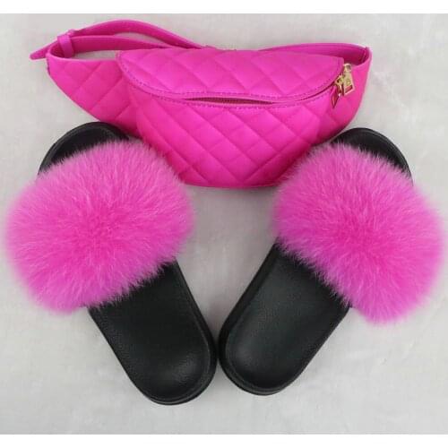 Ladies Waist Bag PVC Jelly Fanny Pack Women Fluffy Fur Slipper Slides Set Furry Sandals Purse Set Chest Pack Matching Fur Slides