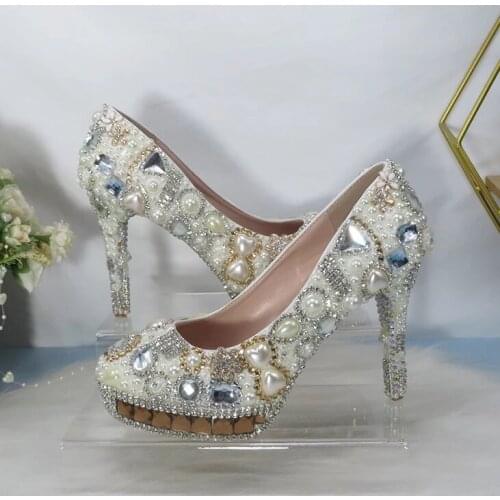 2021 New Glass Crystal Women Wedding Shoes Luxury Platform Shoes Ivory Pearl Party Dress Shoes Bride Pumps Ladies High Heels14cm