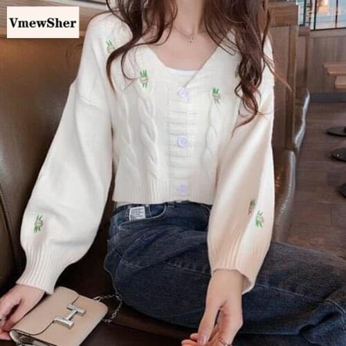 VmewSher Flower Embroidery Women Cardigan Short Sweater Coat 2020 Autumn V-Neck Single Breasted Loose Floral Knit Twisted Top