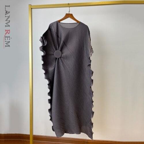 LANMREME Pleated Irregular Ear Edge Dresses For Women 2021 Summer Loose Round Neck Short Sleeves Dress Female Elegant 2C2175