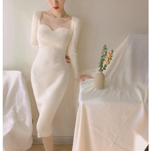 Winter Vintage French Bodycon Dress Autumn Winter Square Neck Slim Sheath Sexy Knitted Dresses Woman Elegant Sweater Dress
