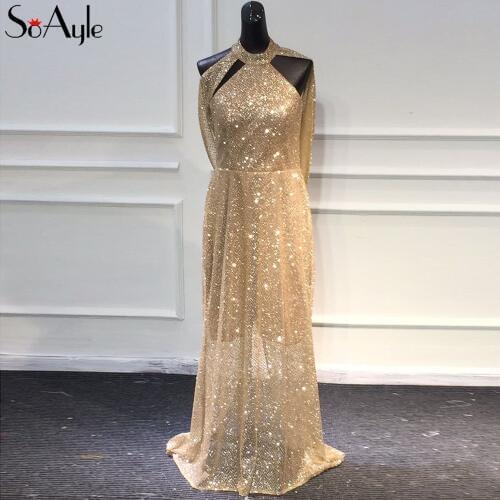 SoAyle 2018 Sheah Gold Evening Dresses Illusion Gorgeous Sequin Luxury Womens Formal Dresses Open Back Sexy Long Dress
