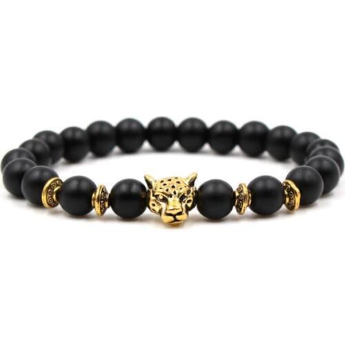 8mm ik3 gold silver ball Frosted agate Onyx nature black stone leopard head Bracelet Reiki Chakra Fashion