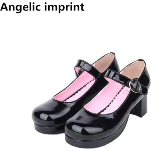 Angelic imprint woman mori girl lolita cosplay shoes lady high heels pumps women princess dress party shoes 33-47 pink red black