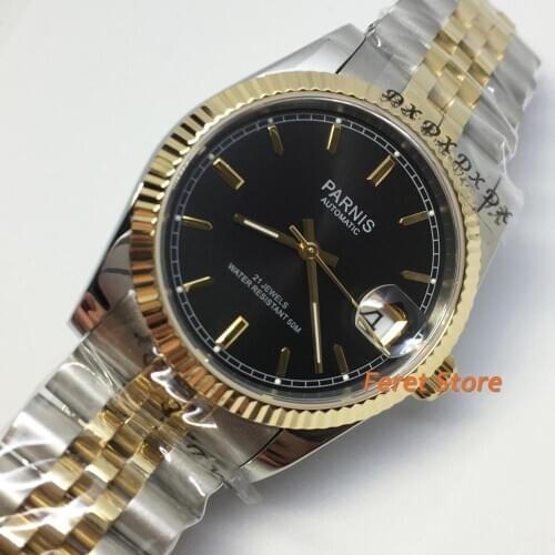 36mm Parnis Gold Plated watchcase sapphire glass Luminous black dial 21 Jewels Marks Black Dial Miyota Automatic Men watch