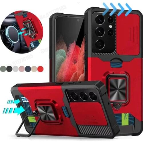 Slide Armor Shockproof Card Slot Case For Samsung Quantum 2 A82 S21 FE S21 Ultra A22 A32 A72 A52 A42 5G M32 Magnetic Stand Cover