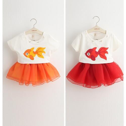 Korean Childrens Garment 2016 A New Girl Goldfish Cartoon Printing T-Shirt Temperament Yarn Skirt Fashion Two Pieces Suit