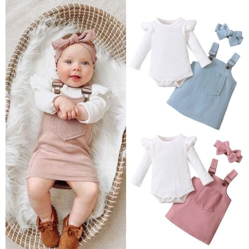 3Pcs Baby Girls Outfit, Sweet Style Solid Color Long Sleeve Round Collar Romper + Front Pocket Suspender Skirt + Headwear Set