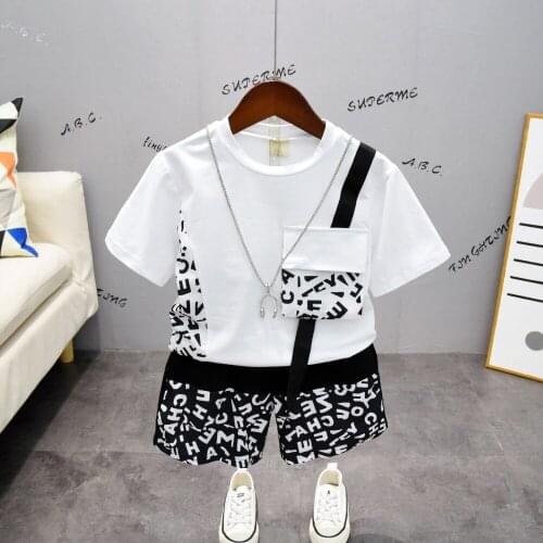 2021 2pcs Summer Baby Boy Children Causal Black Letter Printing Suit Tops + Short Boys Clothes Kids Clothes sets 2-7