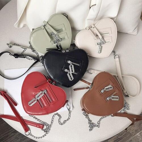 Fashion PU Leather Zipper Womens Handbag Casual Love Heart Shape Shoulder Crossbody Bags with Chain Portable Solid Color Purse