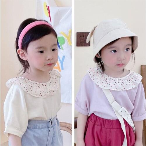 Summer Fashion T-shirt Children Girls Short Sleeves Tees Baby Kids Cotton Ruffles Turn Down Collar Tops for Girls Clothes 1-7T