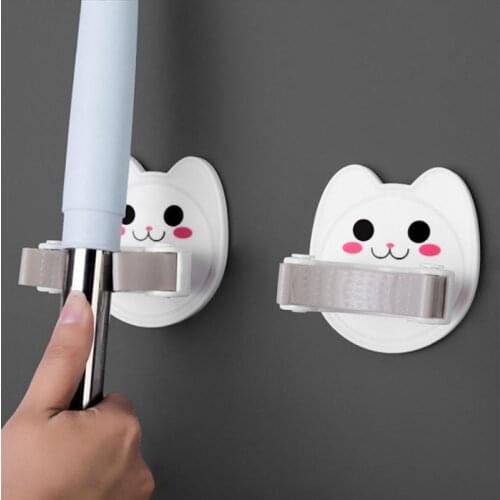 Wall Mounted Mop Organizer Holder Brush Broom Hanger Cute Cat Shaped Bathroom Suction Mop Clip Hanging Pipe Hooks Household Tool