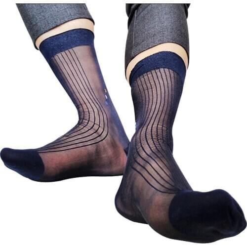 Ultra Thin Sheer Socks For Men Nylon Silk Transparents Sexy Gay Formal Dress Suit Male Socks Business Striped Man Hose Stocking